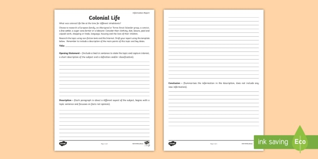 Investigating Colonial Life Report Writing Template