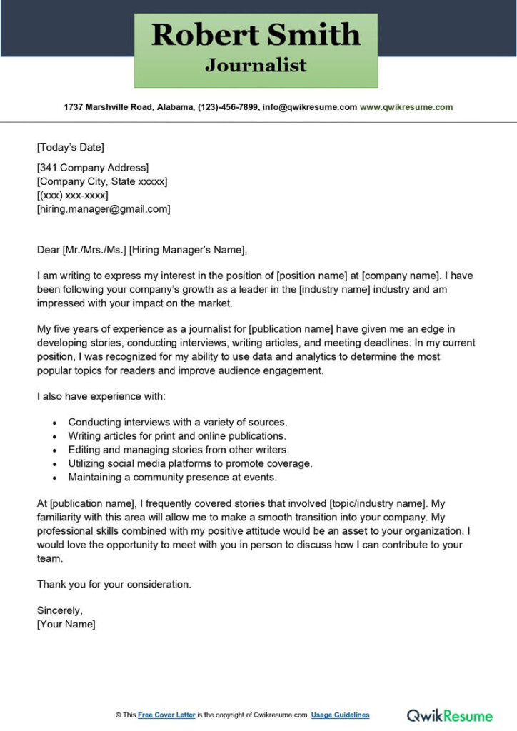 Journalist Cover Letter Examples QwikResume