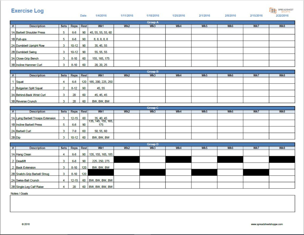 Workout Log Template Https www spreadsheetshoppe 